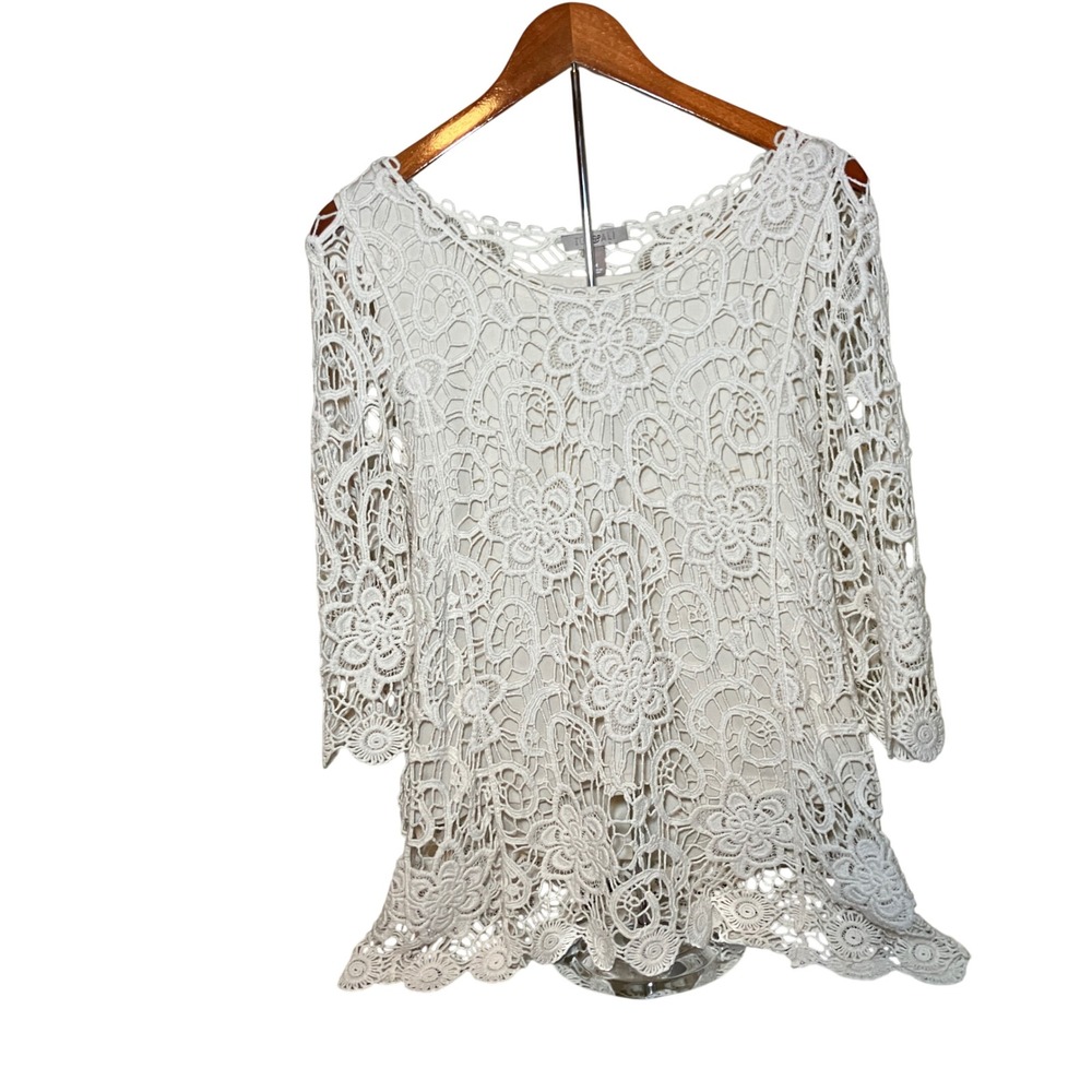 Roz & Ali Crochet Lace Tunic Women M Cream Floral 3/4 Sleeve Boho Romantic